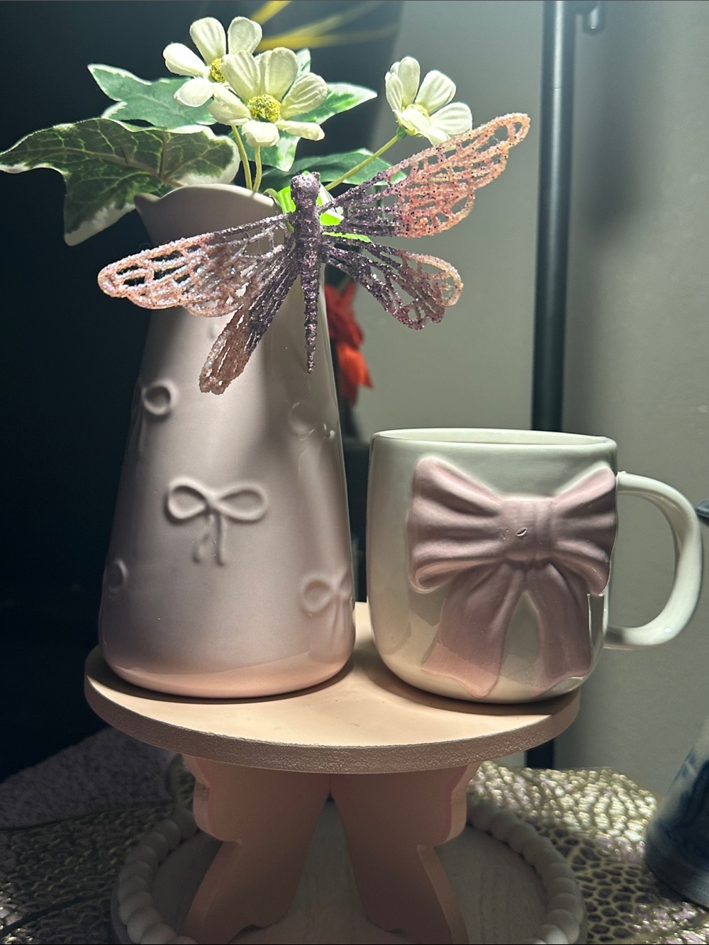 Decorative Pink Ceramic Vase and Bow Mug Set - Home Accents